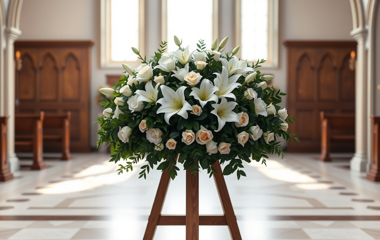 En begravningskrans med vita liljor, vita rosor och murgröna på en träställning i en kyrka.
