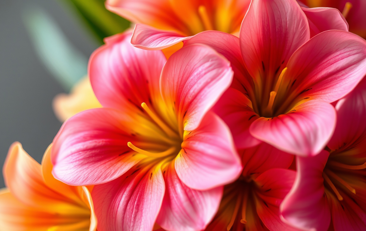 Närbild på en färgglad bukett alstroemeria med rosa, orange och gula kronblad med mörka prickar.