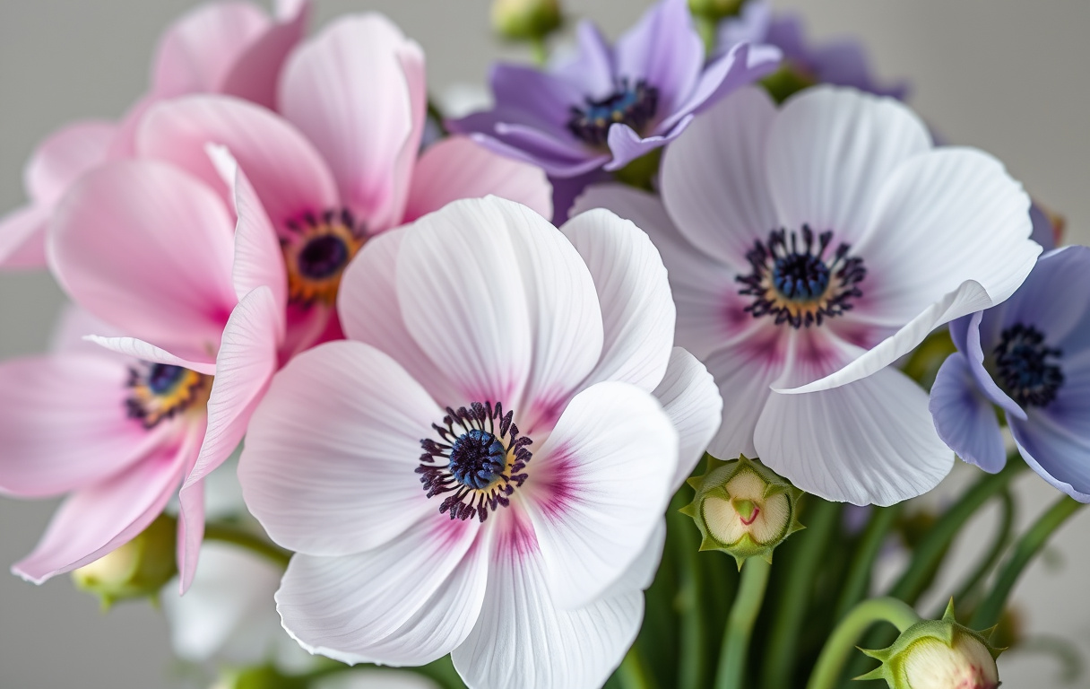 Bukett med anemoner i vitt, rosa, blått och lila