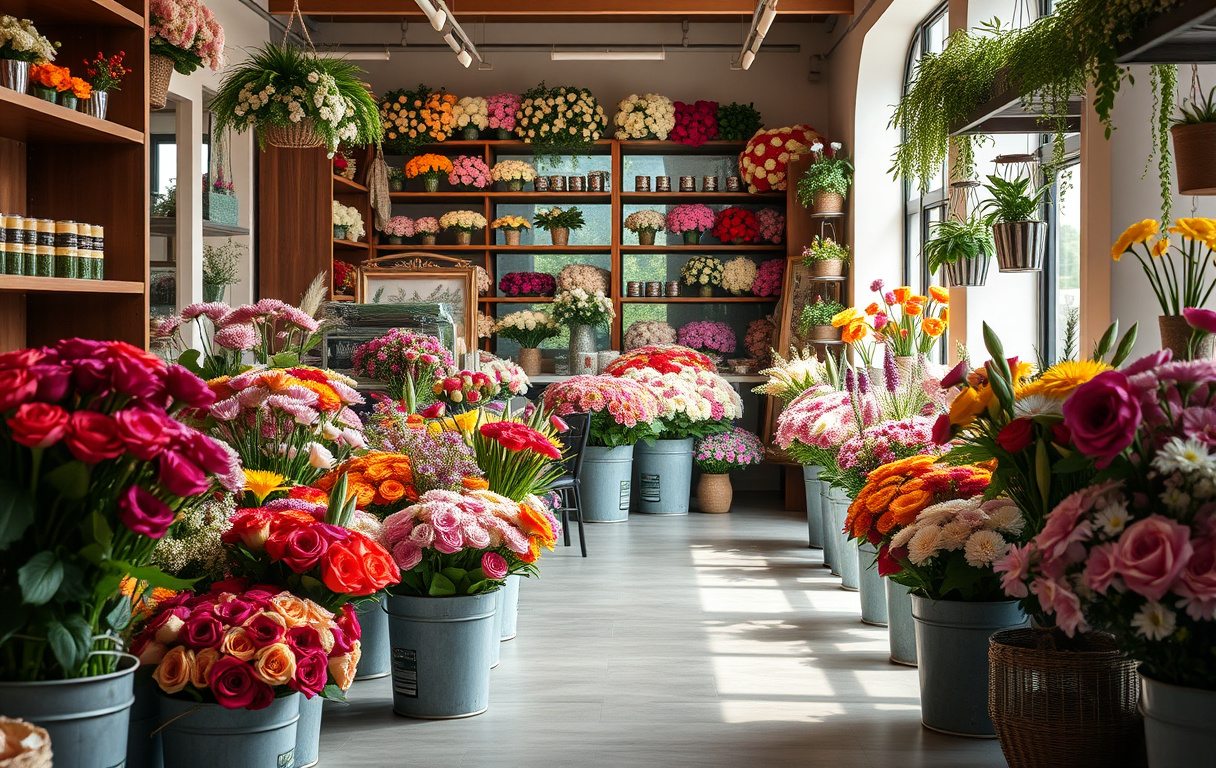 Butiksmiljö hos Blåregn Blommor med färska buketter i hinkar och hyllor med blomsterarrangemang