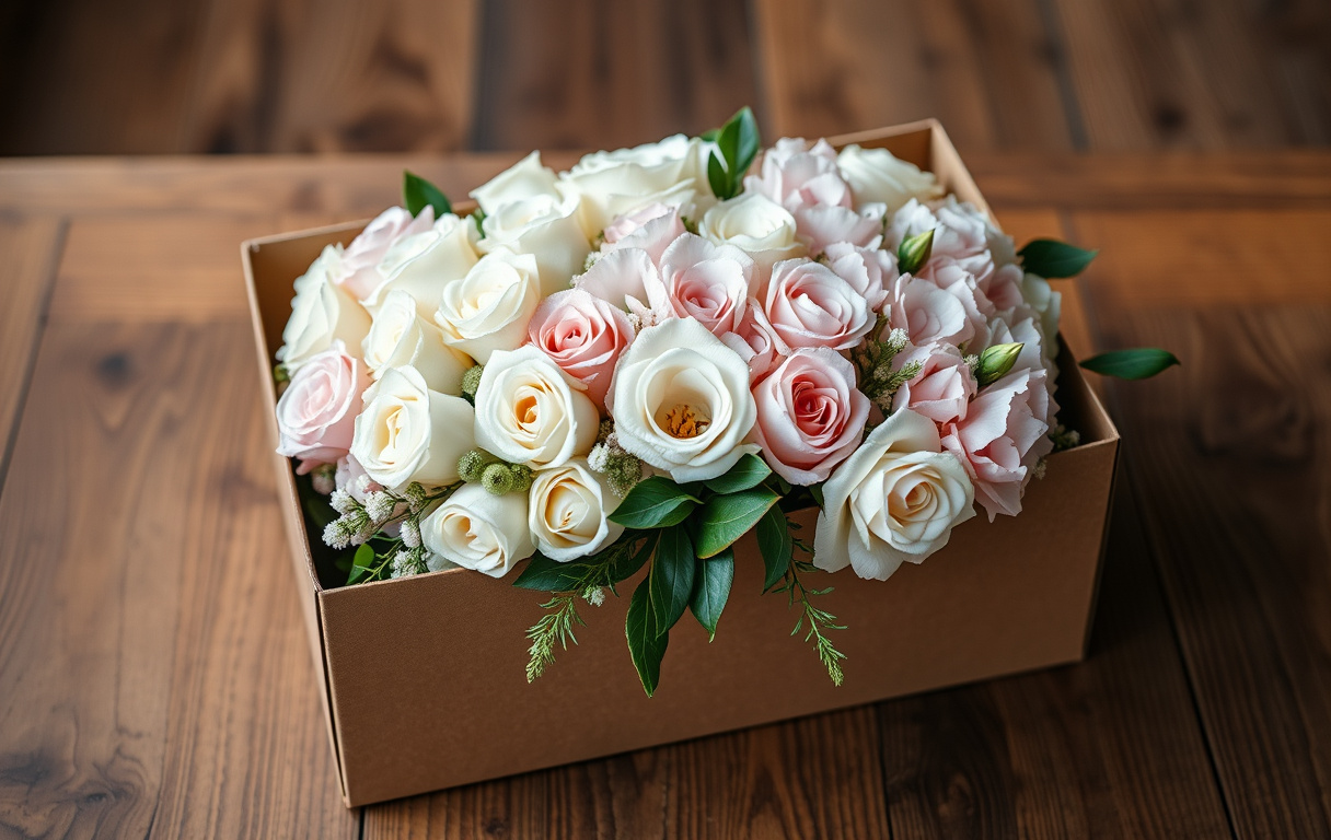 Stilren blombox med vita rosor och pastellfärgad hortensia på ett träbord