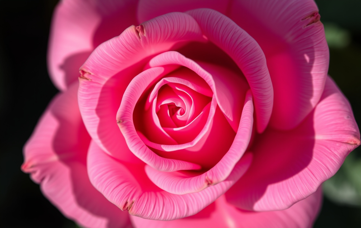 Närbild på en rosa ros med symmetrisk blomkrona i naturligt ljus
