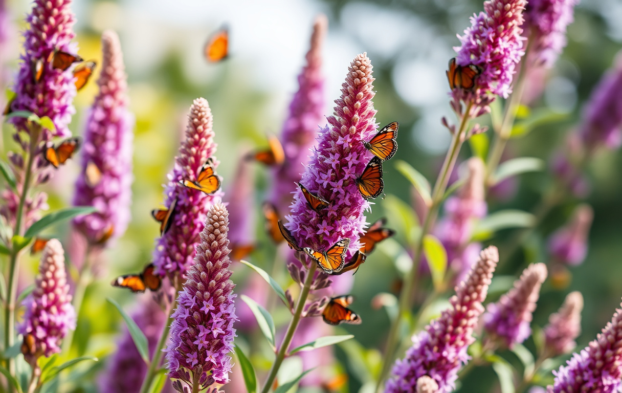 Närbild av buddleja med lila blomklasar och fjärilar i morgonljus