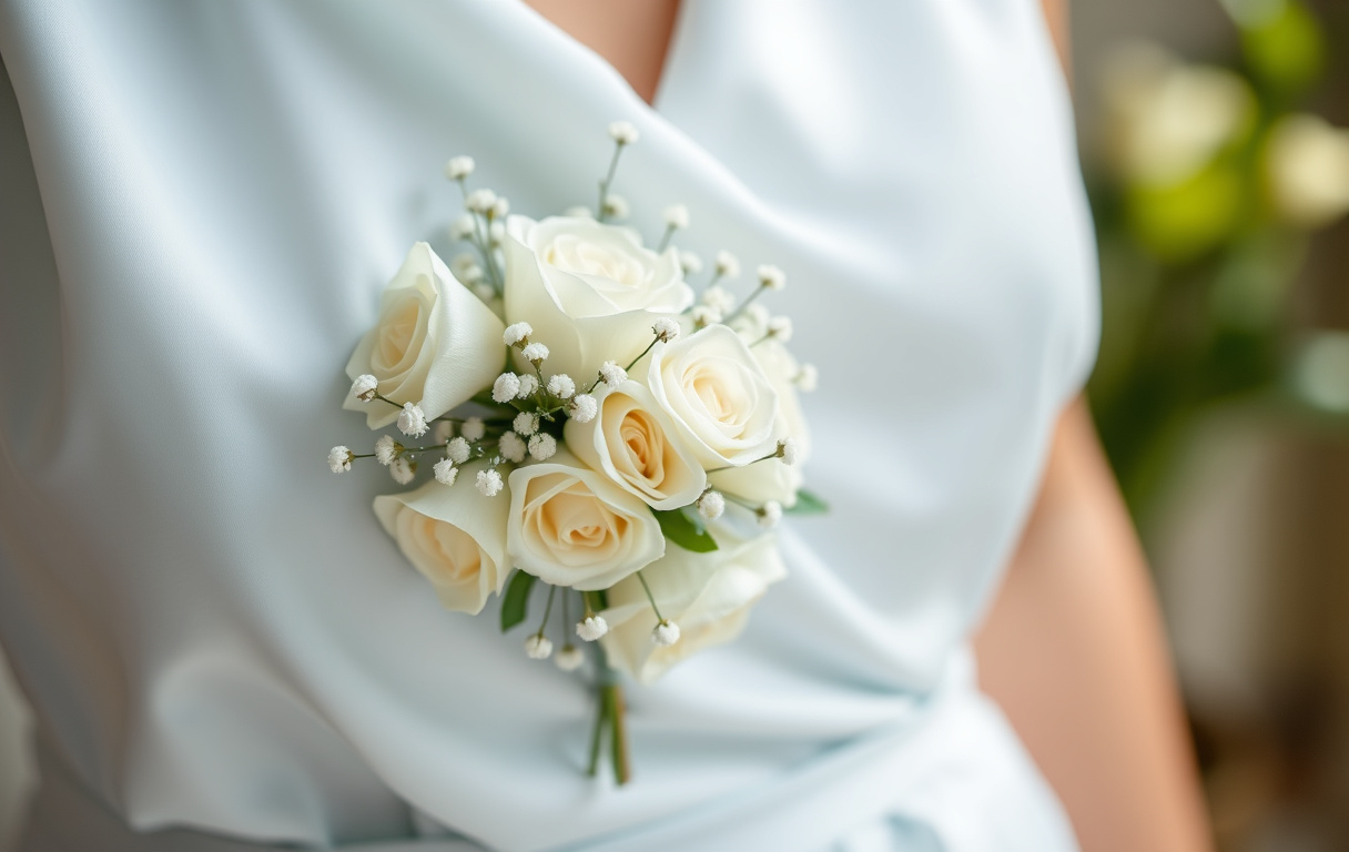 En vit corsage med rosor och brudslöja fäst på en ljusblå sidenklänning