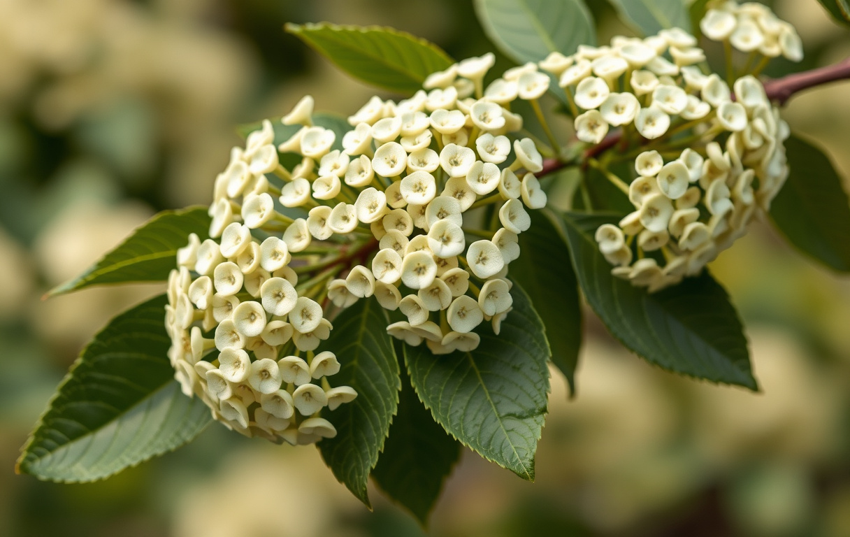Närbild av äkta fläder med vita blomklasar och gröna blad i dagsljus