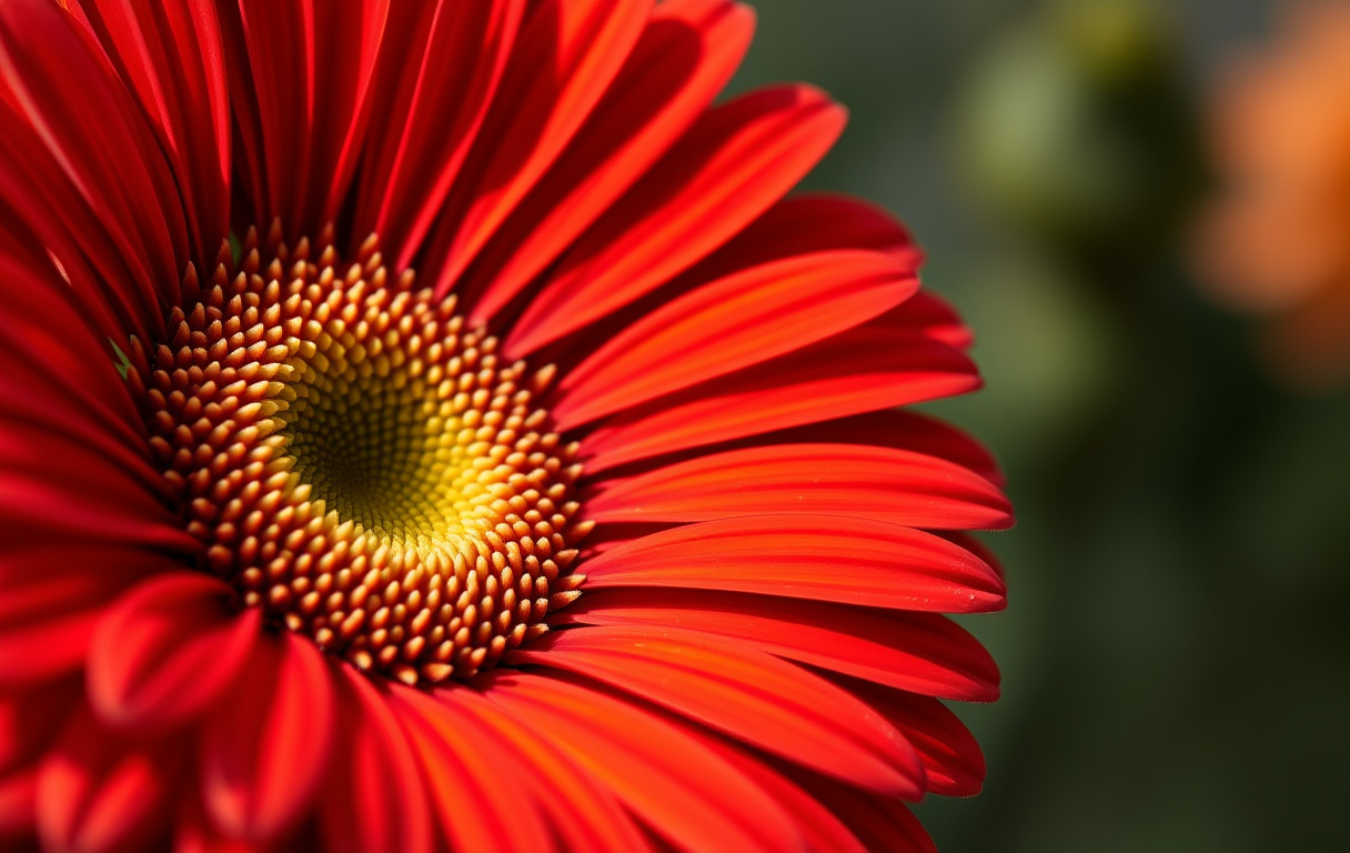 Närbild på en stor röd-orange gerbera i full blom med mjuka dagljus