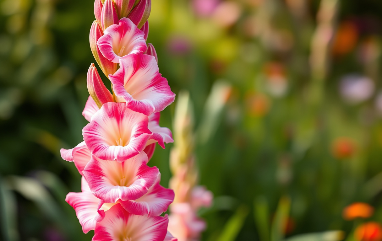 Närbild av gladiolus med rosa och vita blommor i trädgård, solljus