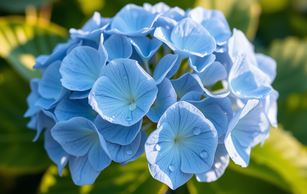 Närbild av blå hortensia med daggdroppar på blombladen
