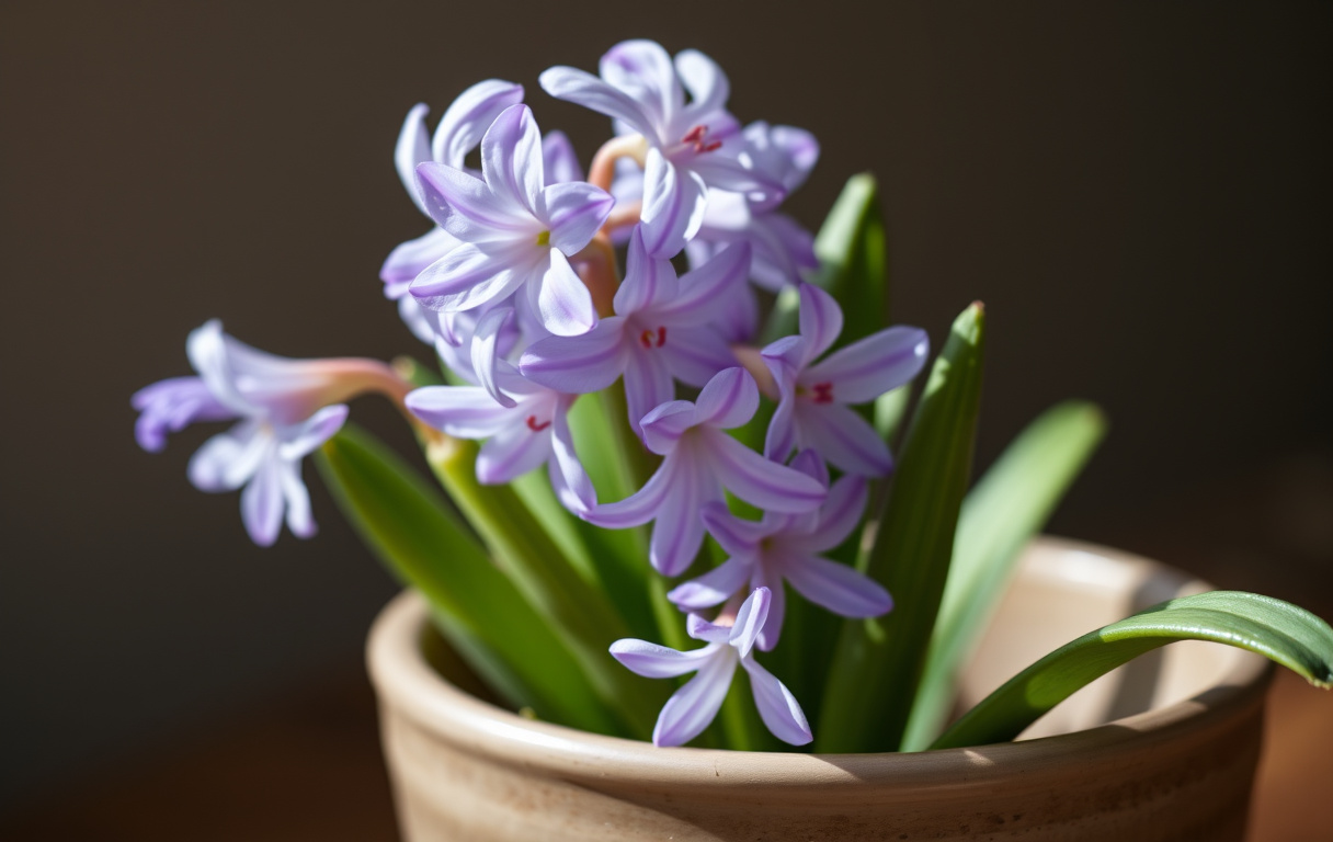 Närbild på en blommande hyacint i en keramikkruka med mjukt dagsljus