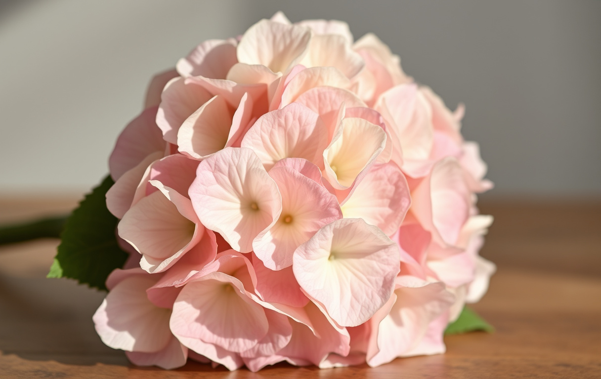 Närbild på bukett med konserverad hortensia i dagsljus, kronbladen har en len lyster och naturlig textur
