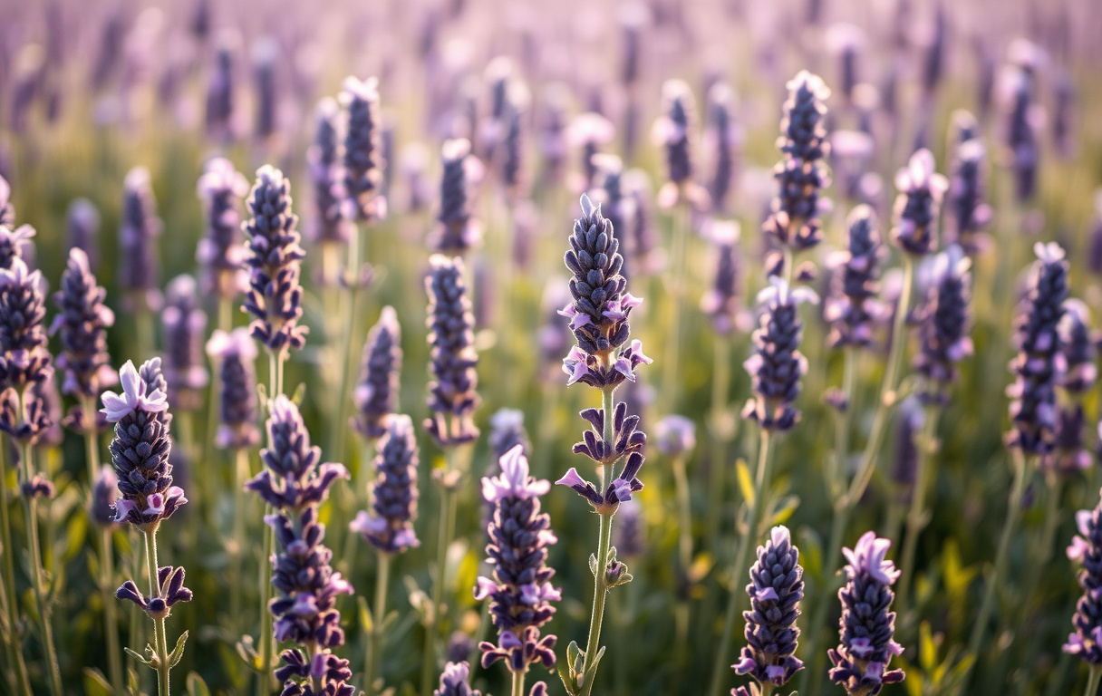 Lavendel i blomning, närbild på blommor och blad
