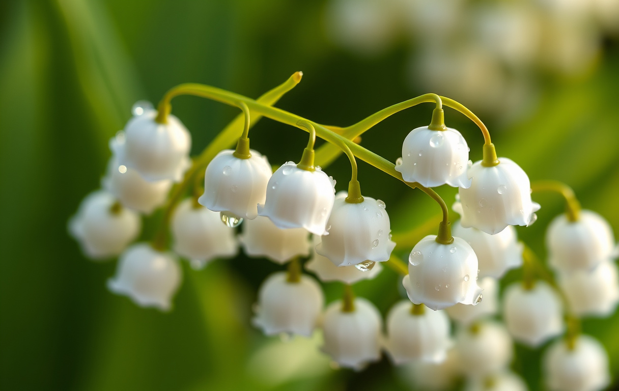 Närbild på vita liljekonvaljblommor med daggdroppar i mjukt morgonljus