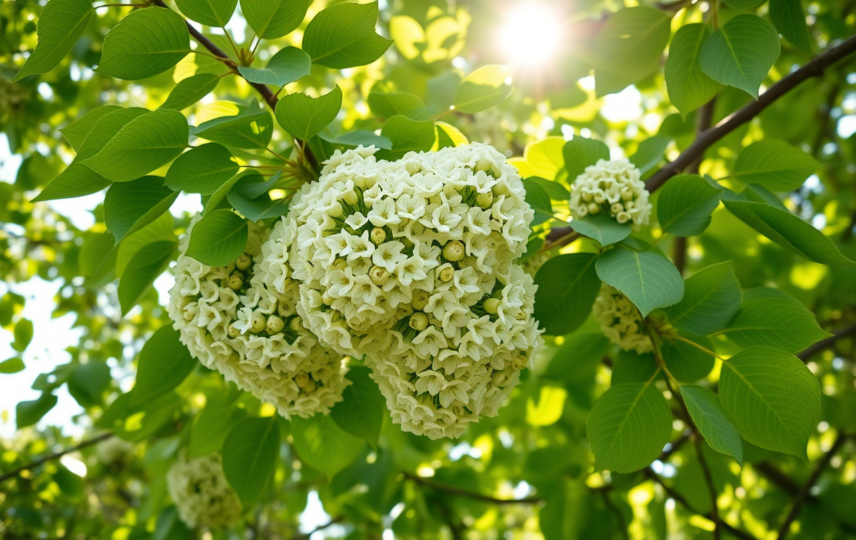 Närbild av lind i blom med grönvita blommor och hjärtformade löv
