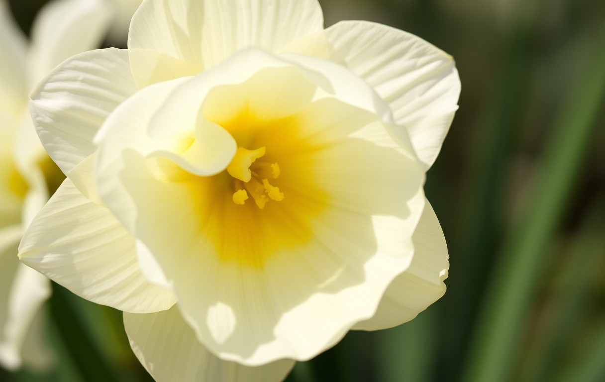 Närbild av dubbel narcissus Obdam med krämvita kronblad och subtilt gult centrum i vårsol