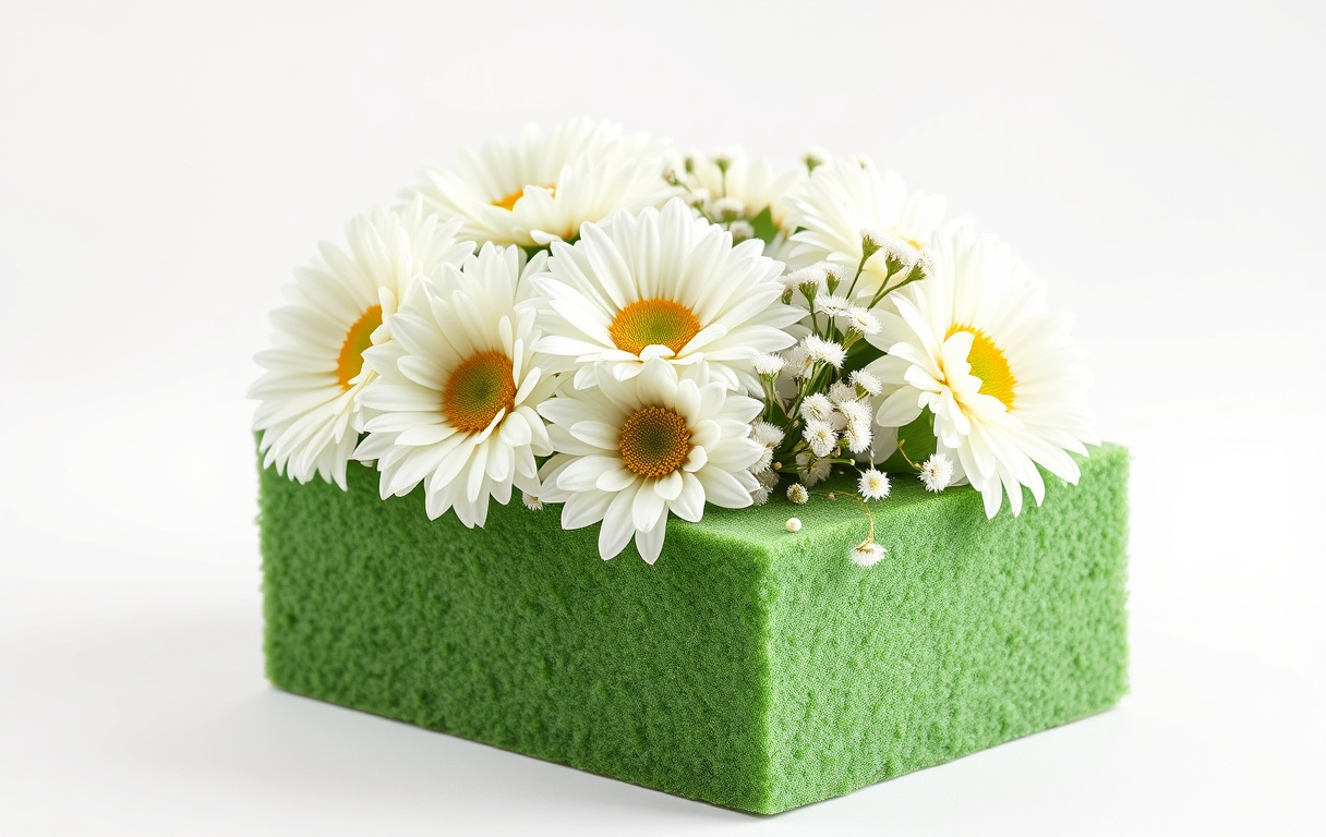 Närbild av grön oasis med färska snittblommor som krysantemum och brudslöja