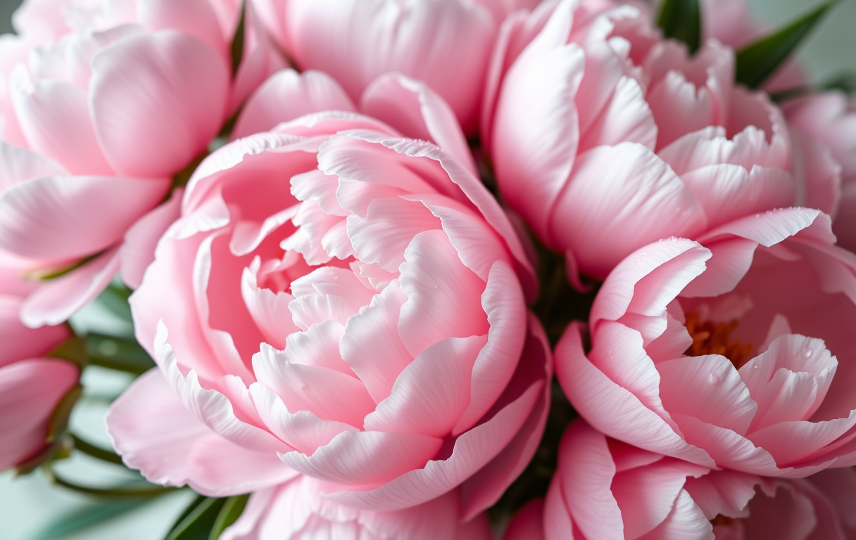 Vacker bukett med rosa pioner i dagsljus, närbild