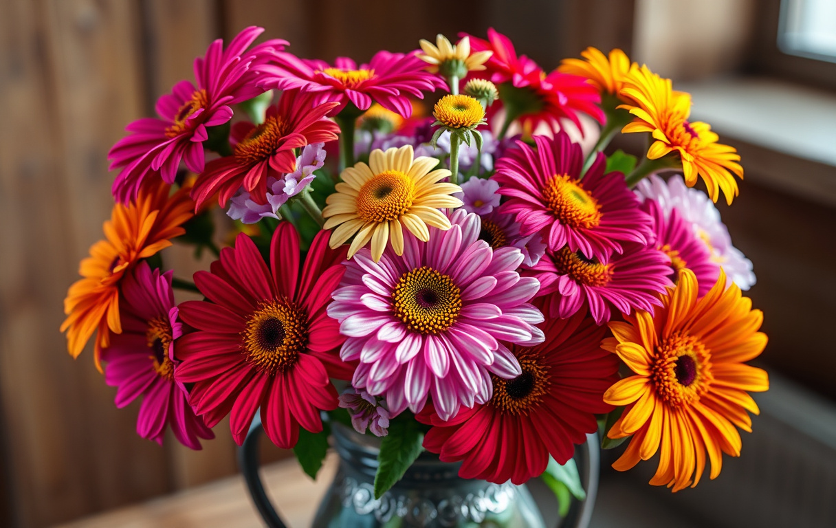 En färgstark bukett med zinnia, rosenskära, luktärt och rudbeckia i en rustik vas.
