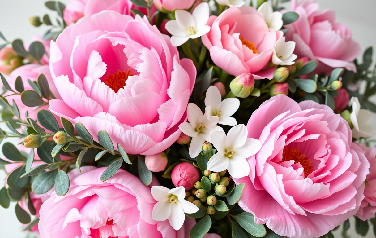 En vacker sommarbukett med rosa pion, alstroemeria och vit prärieklocka.