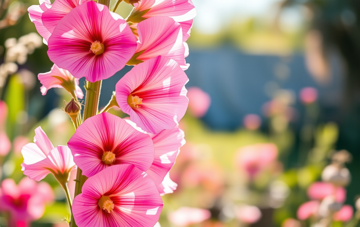 Stockros i full blom med rosa och vita blommor mot en solig trädgårdsbakgrund