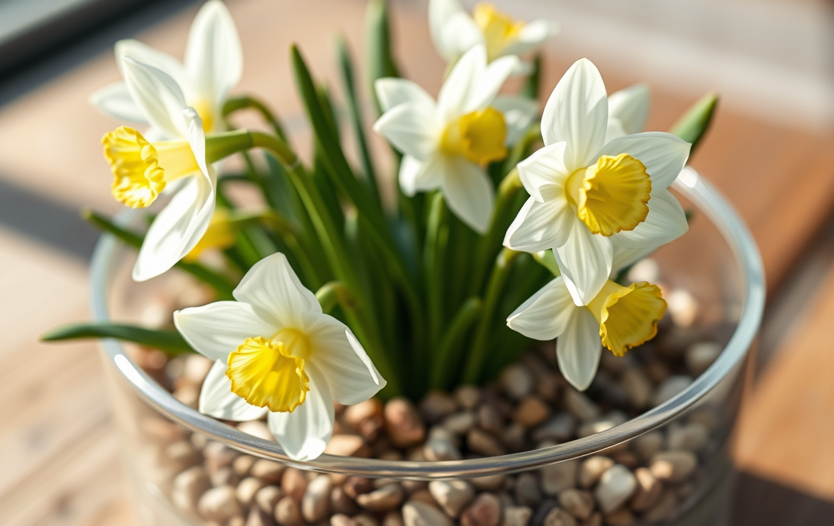 Tazett i glaskål med vita blommor och grus, fotorealistisk närbild
