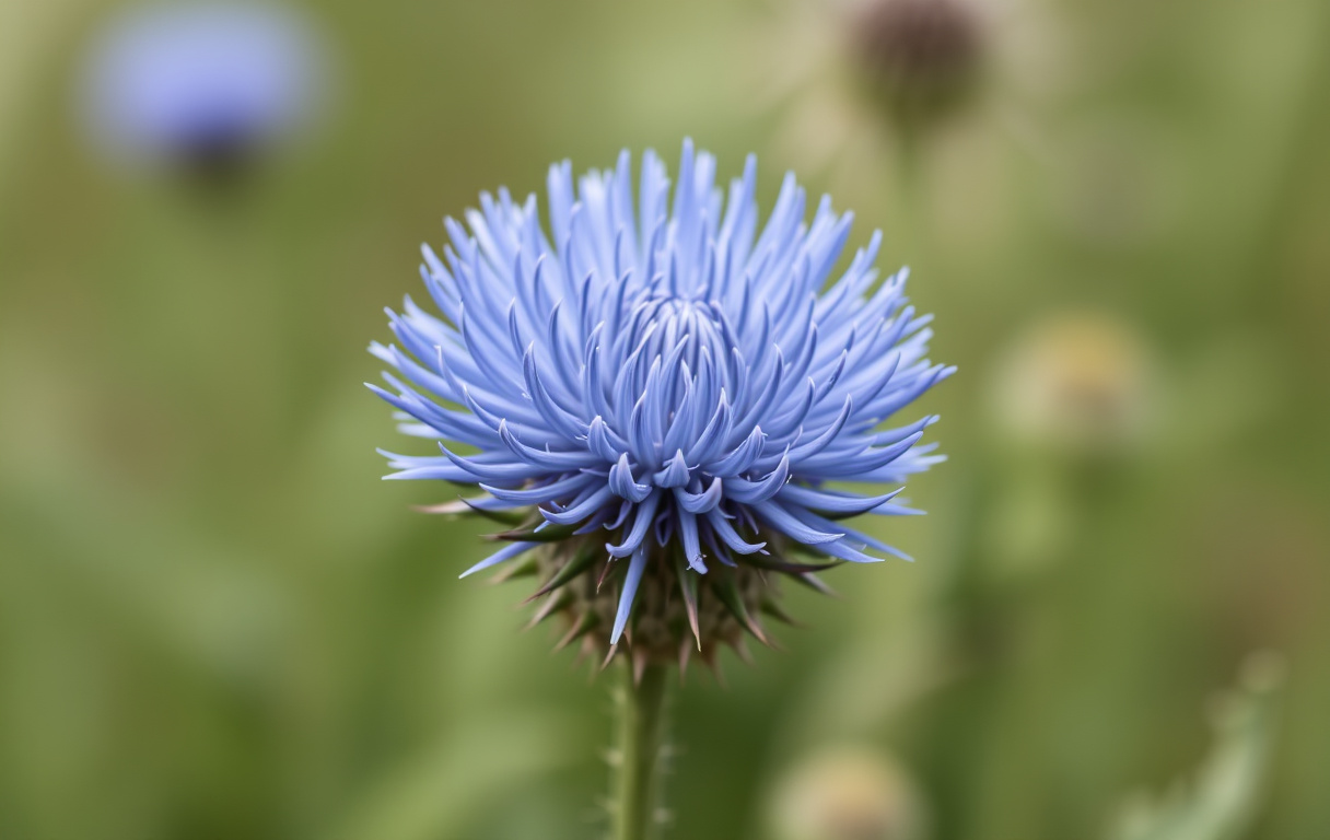 Närbild på en blå tistel med taggiga blomhuvuden i naturligt ljus