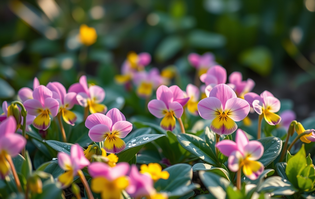Färgglada violblommor i en trädgård med daggdroppar på bladen