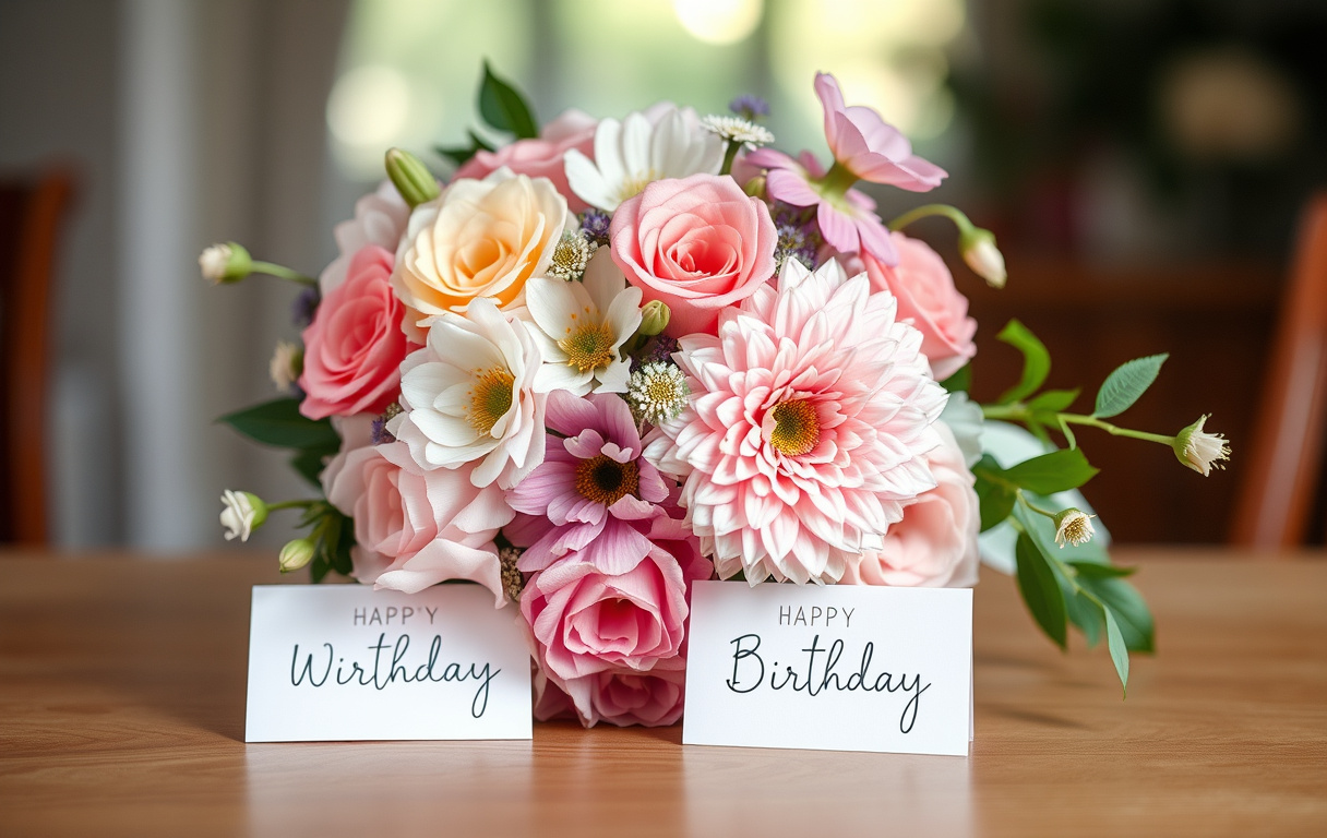 Bukett med pastellfärgade blandblommor och ett födelsedagskort på en träbänk.