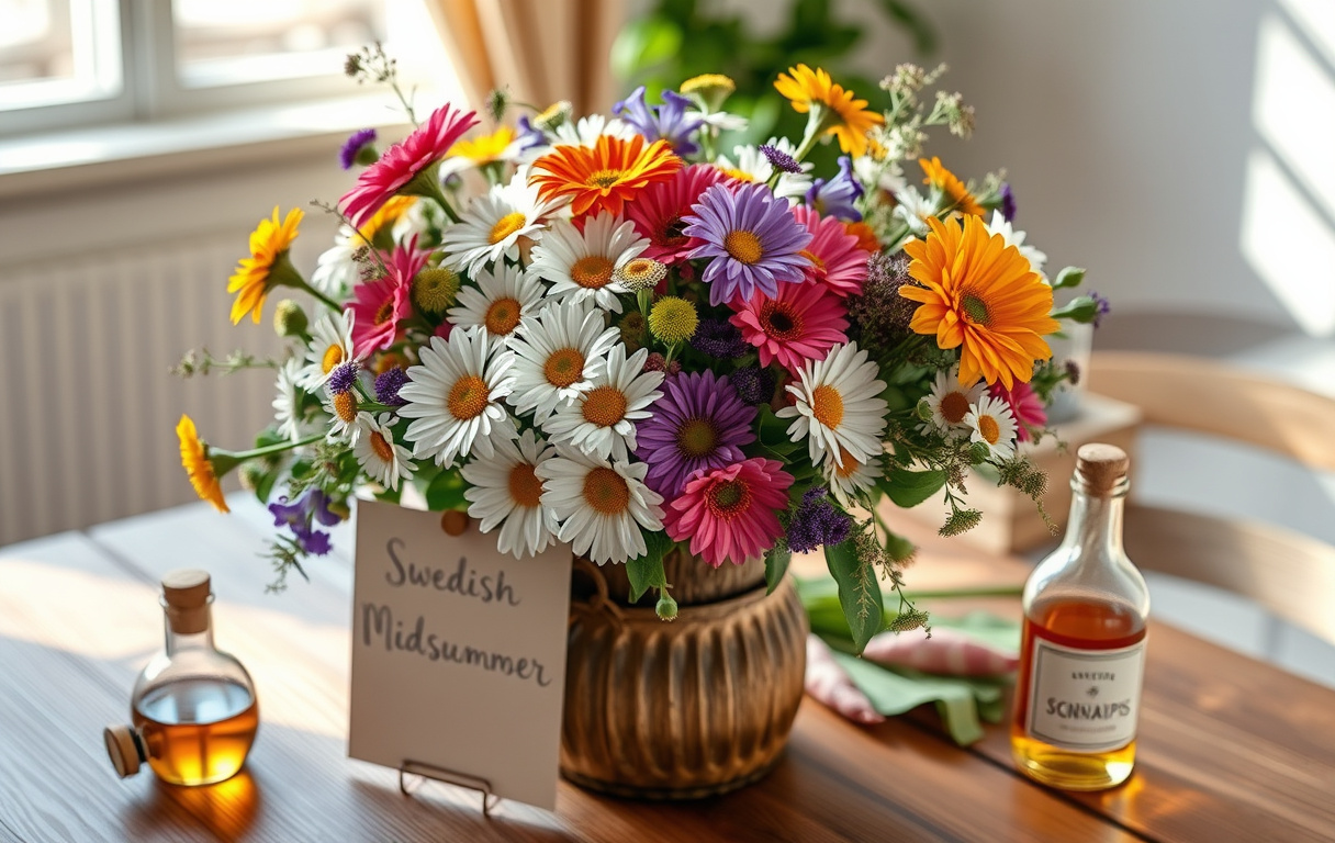 En vacker midsommarbukett med prästkrage, blåklint och ringblommor i en rustik vas, med ett kort och en snapsflaska bredvid.