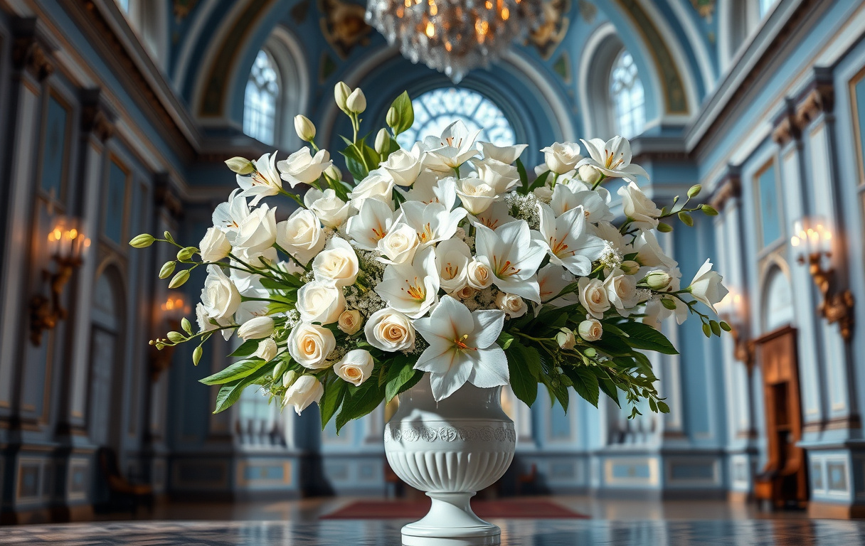 Elegant blomsterarrangemang med vita rosor, liljor och orkidéer i en klassisk vas, med Stockholms stadshus Blå hall som bakgrund.