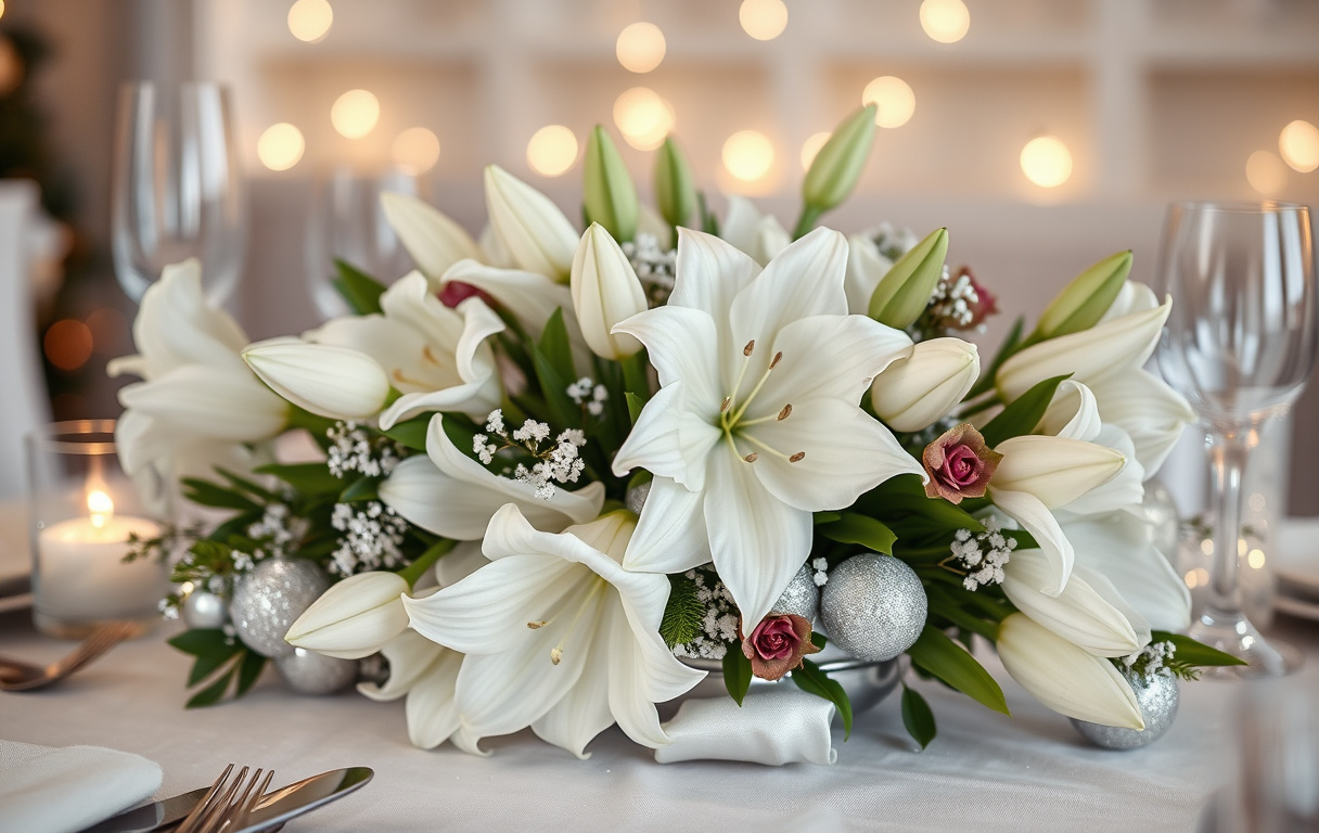 Lyxig nyårsbukett med vita tulpaner och amaryllis med silverdetaljer.