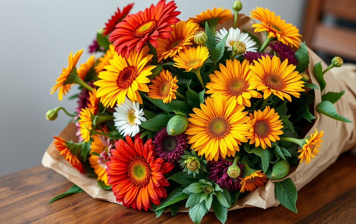 Stor bukett med säsongsblommor inslagen i papper på ett träbord.