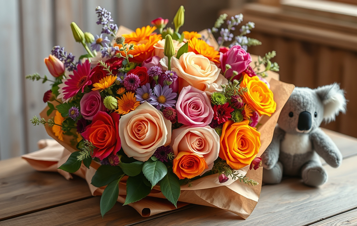 Färgglad bukett med australiska vildblommor och rosor, inslagen i kraftpapper, på ett rustikt träbord med en koala-gosedjur bredvid.