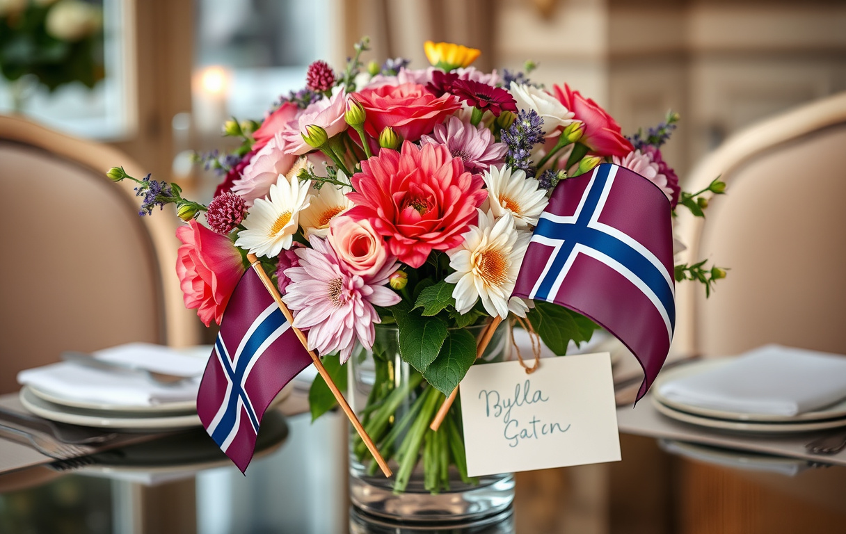 En vacker bukett blandade blommor i en glasvas med en norsk flagga och ett presentkort, fotorealistisk bild.