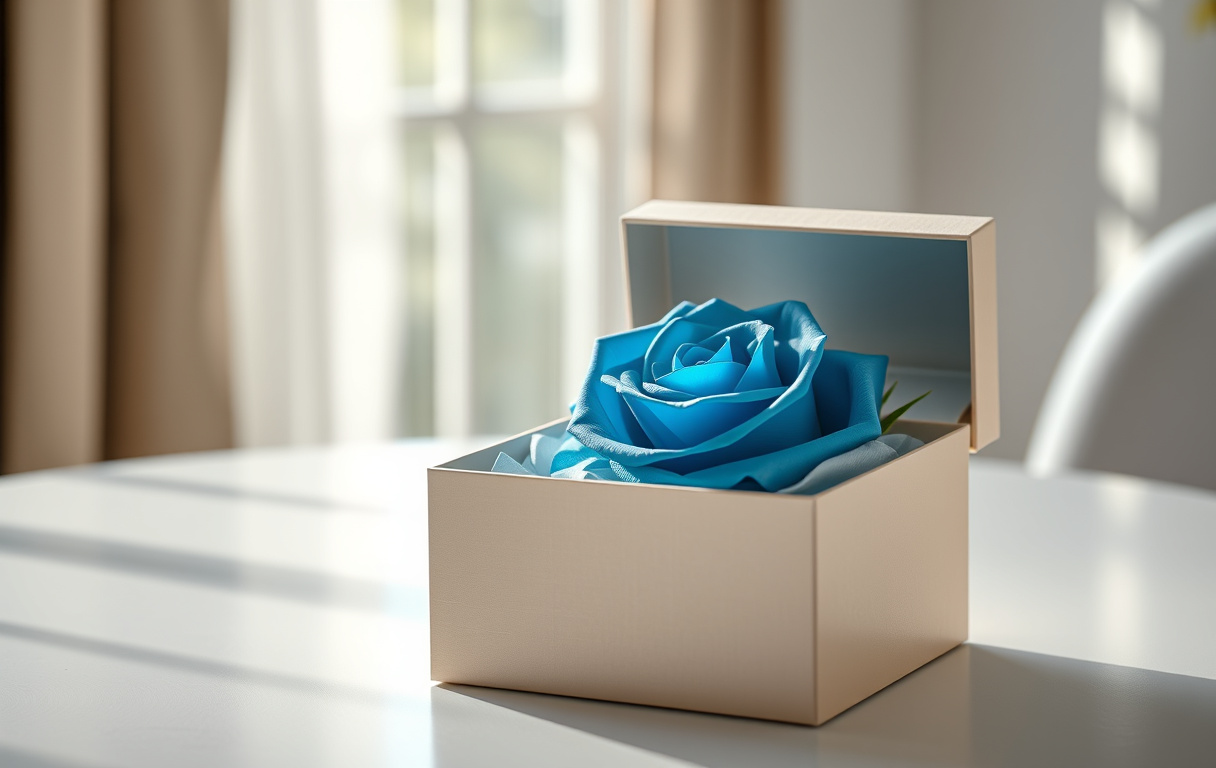 Millionbox presentbox med en evighetsros i oceanblått, fotorealistisk bild.