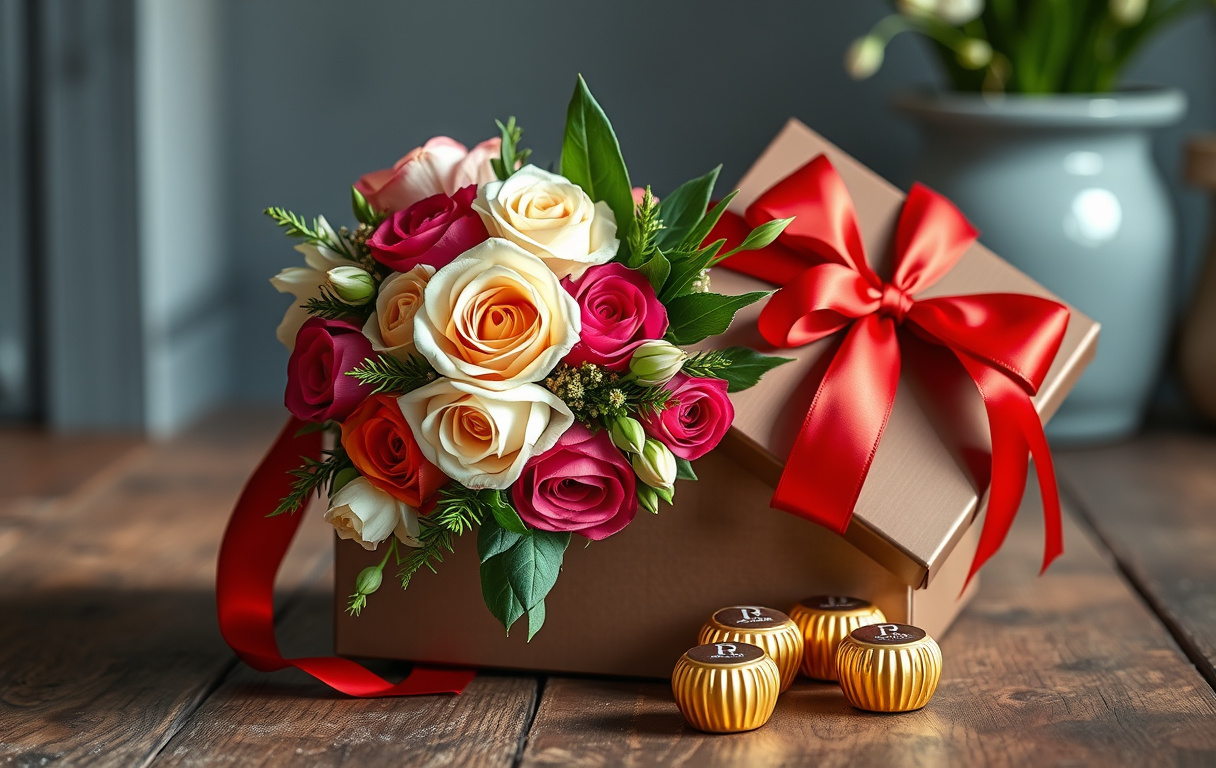 Presentask med blommor och chokladkulor, dekorativt inslaget med rött band.