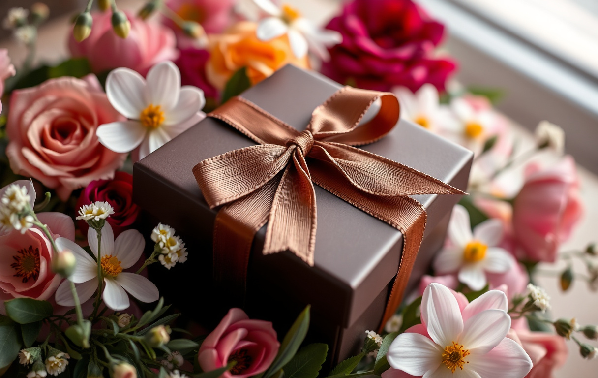 En elegant chokladask med rosett omgiven av blommor.