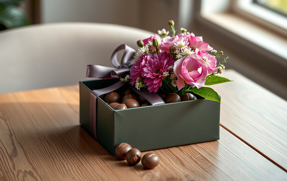 En presentask med lyxchoklad och en liten bukett blommor på ett träbord.