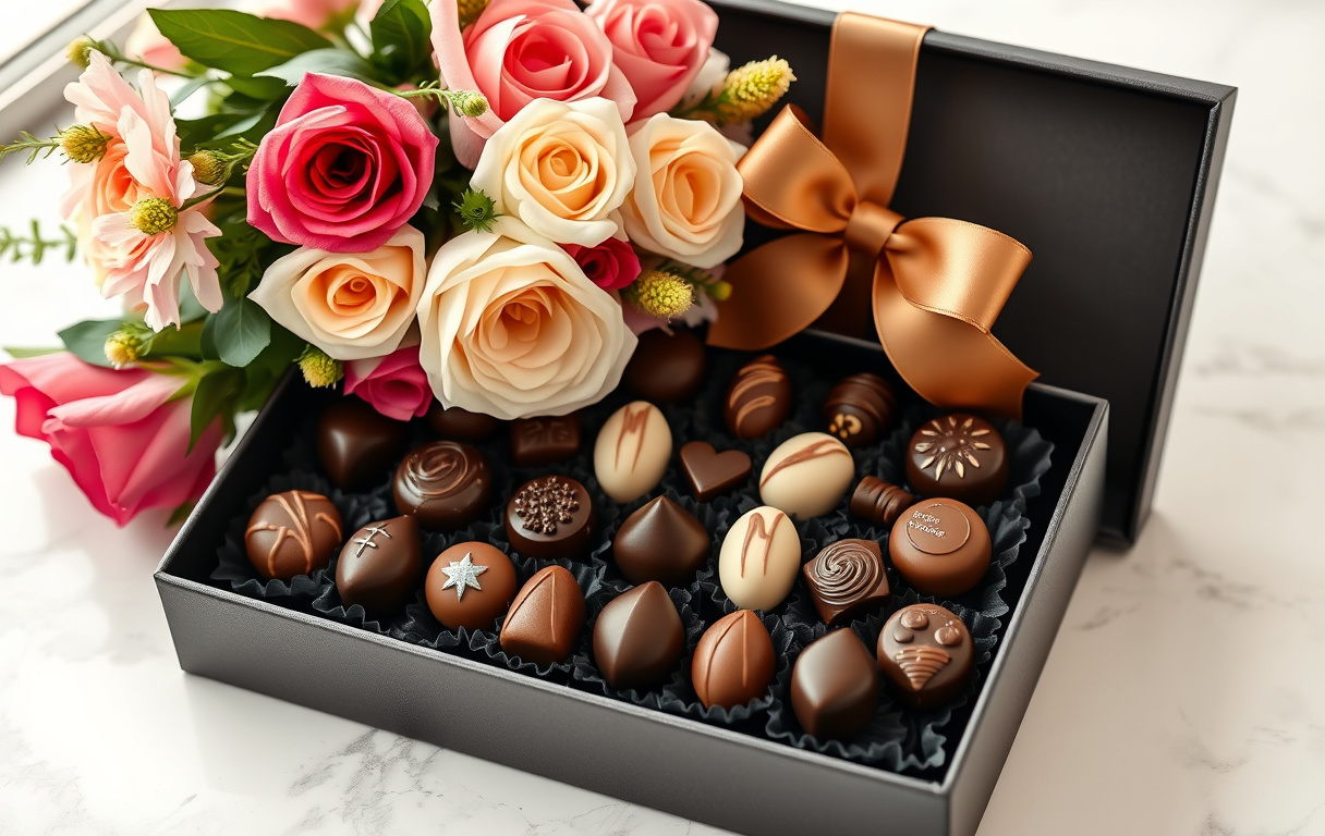 En vacker presentask med chokladpraliner i olika smaker tillsammans med en bukett färska blommor.