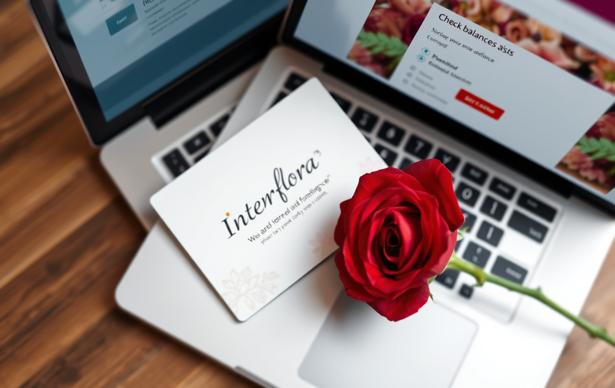 Interflora presentkort med rosa blommor och laptop som visar saldokontroll, fotorealistisk bild.