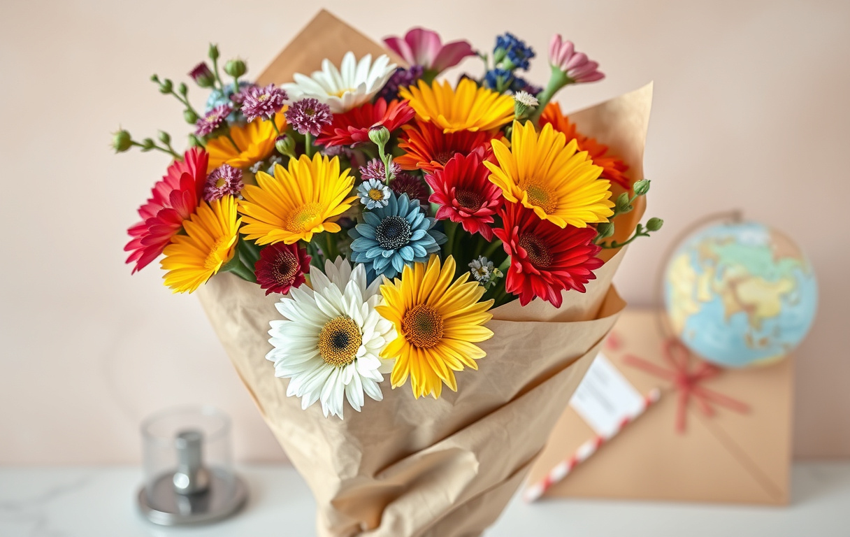 Bukett med färgglada blandade blommor, med en jordglob och luftpostkuvert i bakgrunden – symbol för att skicka blommor utomlands.