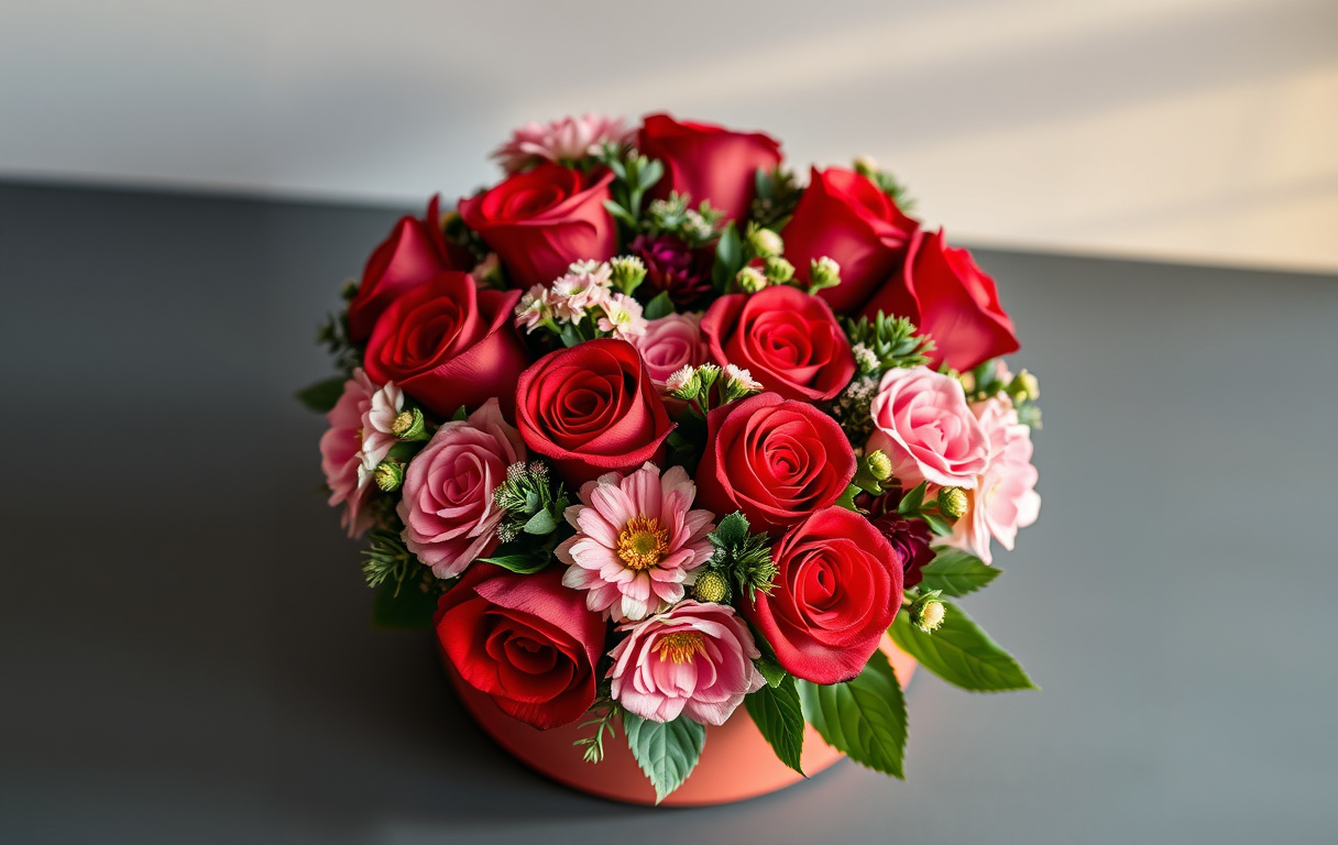 Kärleksbox med röda rosor och blandade blommor i en presentbox.