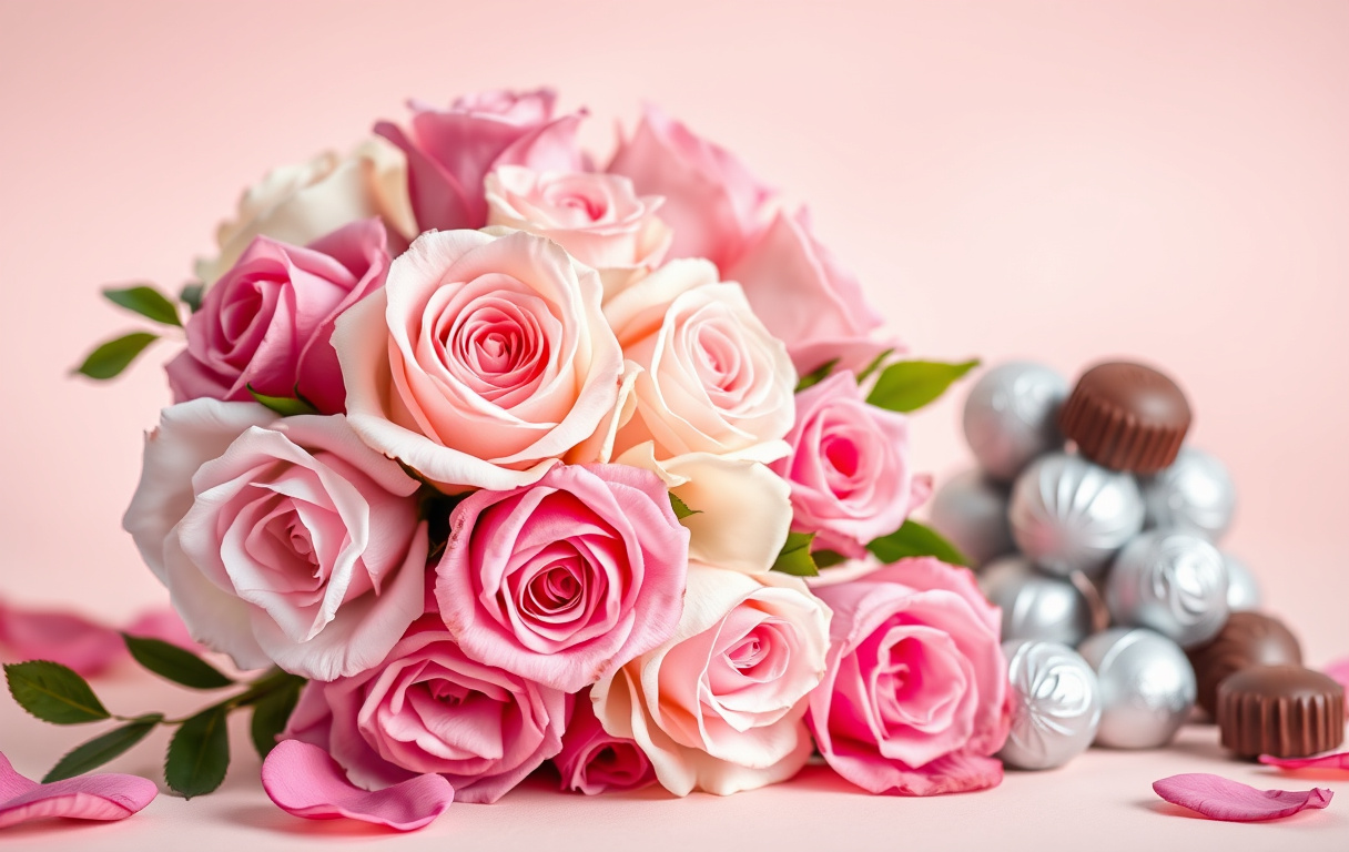 Bukett med rosa och vita rosor och runda chokladtryfflar som presenttillägg på ljus bakgrund.