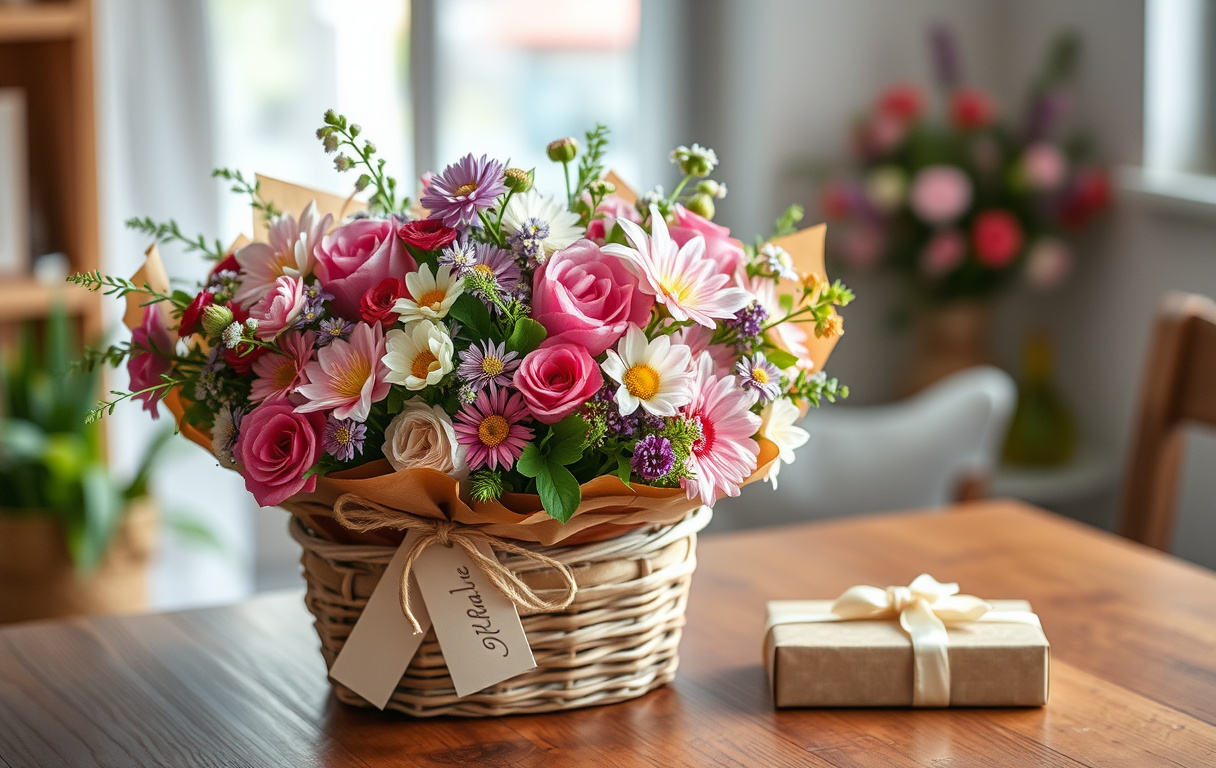 En vackert arrangerad bukett med vårblommor i en korg, inslagen i brunt papper med ett naturligt snöre, tillsammans med en chokladask på ett träbord.