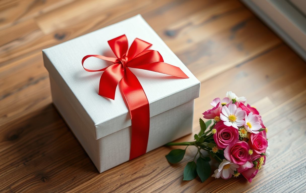 En presentbox med rött band och en liten bukett blommor bredvid på ett träbord.